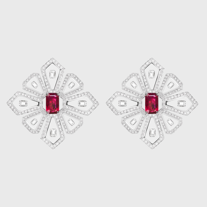 White gold earrings with rubies and white diamonds in translucent enamel